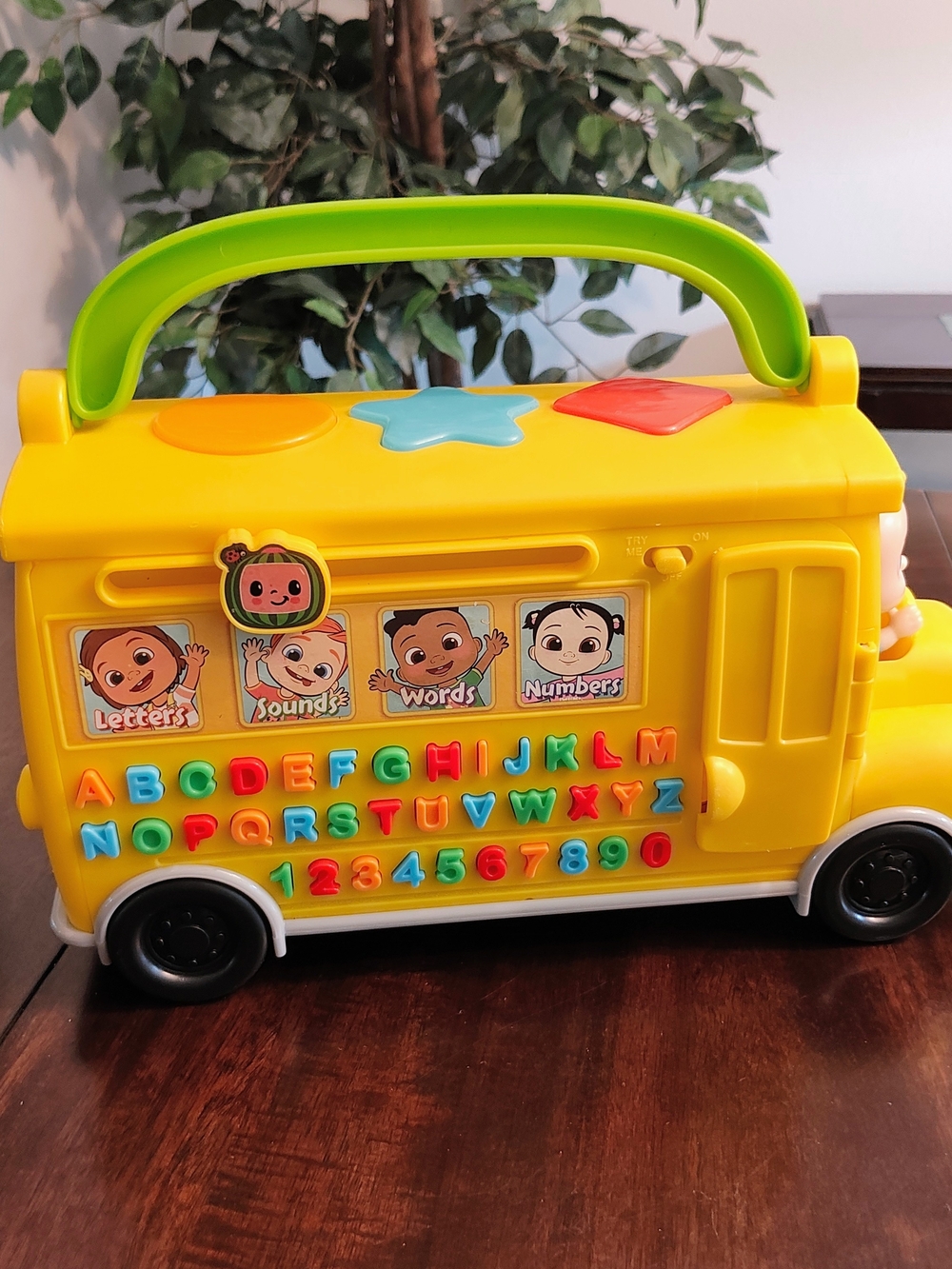 Yellow Alphabet & Numbers Learning Bus with Green Handle - Interactive Kids Toy